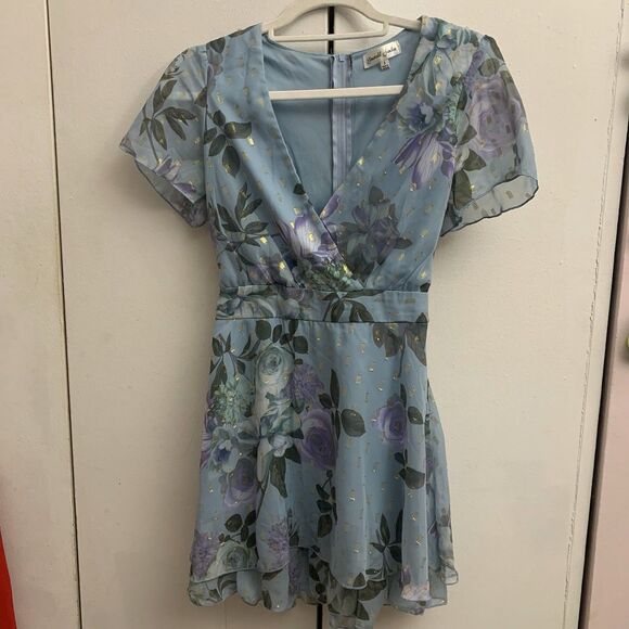 Honey And Rosie Dress Women 3 Blue Purple Floral Faux Wrap Ruffle Boho Mini - Picture 3 of 8